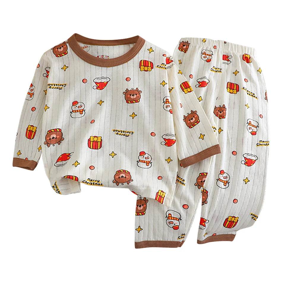 Soft Breathable Cotton Long Sleeve And Pants Pajama Set For Boys And Girls Cartoon Bear Unisex Summer Sleepwear - ToylandEU