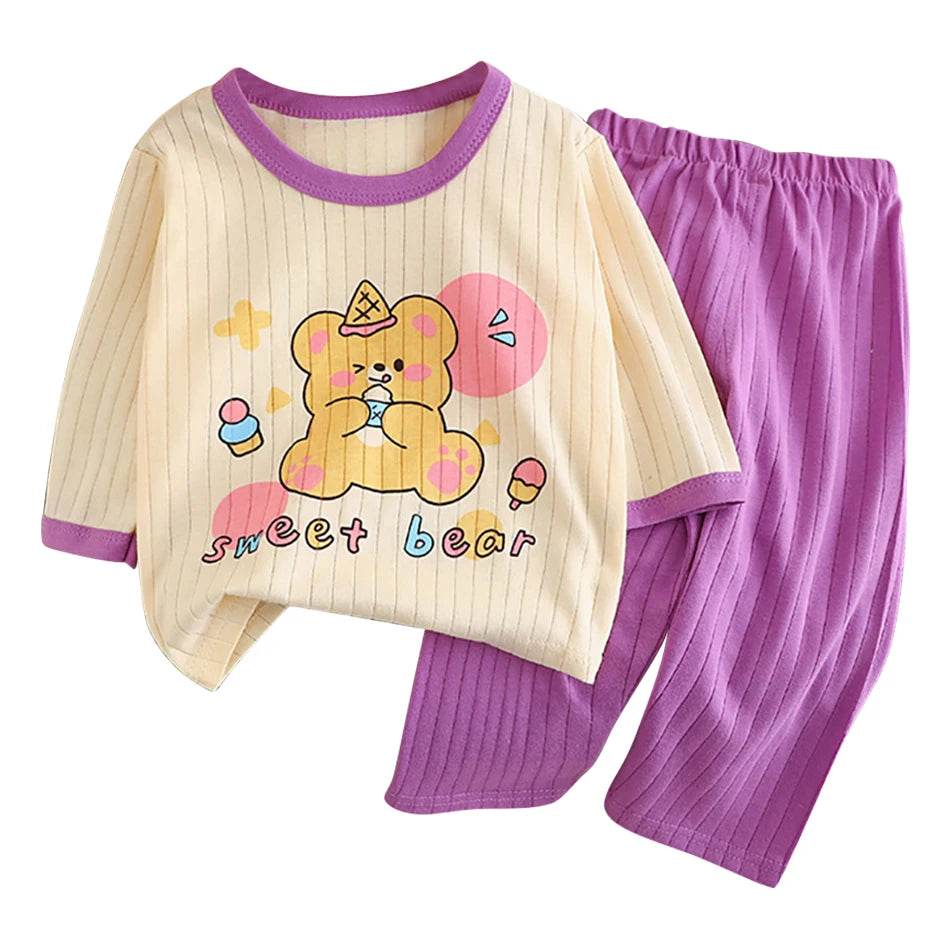 Soft Breathable Cotton Long Sleeve And Pants Pajama Set For Boys And Girls Cartoon Bear Unisex Summer Sleepwear - ToylandEU