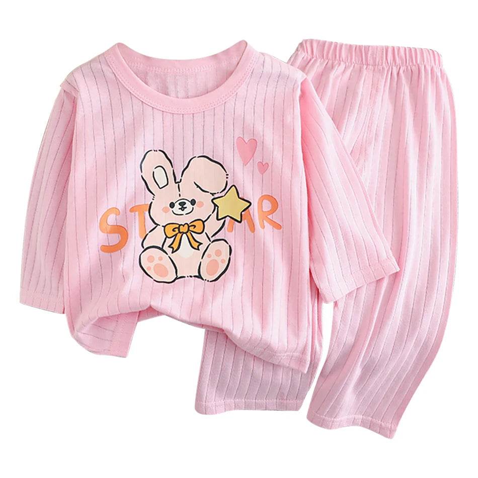 Soft Breathable Cotton Long Sleeve And Pants Pajama Set For Boys And Girls Cartoon Bear Unisex Summer Sleepwear - ToylandEU