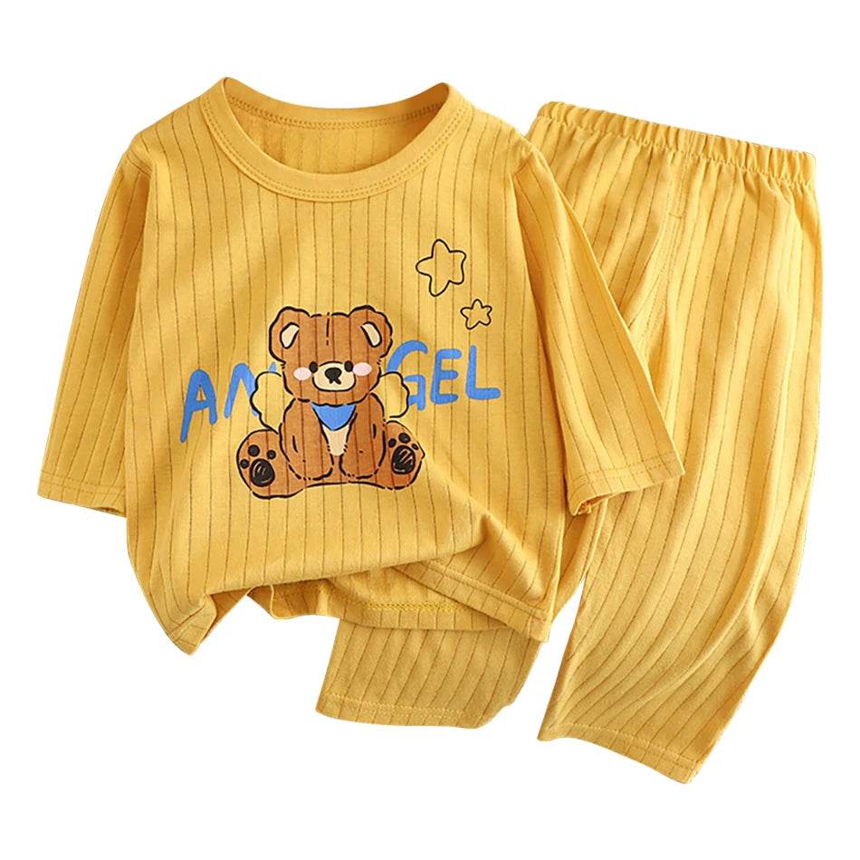 Soft Breathable Cotton Long Sleeve And Pants Pajama Set For Boys And Girls Cartoon Bear Unisex Summer Sleepwear - ToylandEU