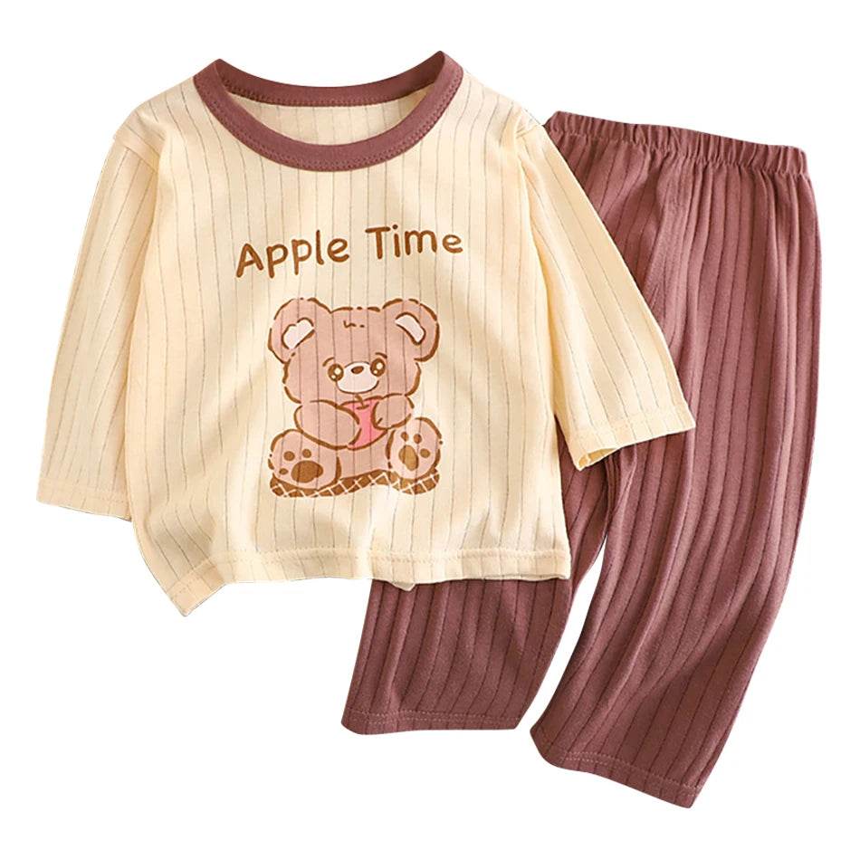 Soft Breathable Cotton Long Sleeve And Pants Pajama Set For Boys And Girls Cartoon Bear Unisex Summer Sleepwear - ToylandEU