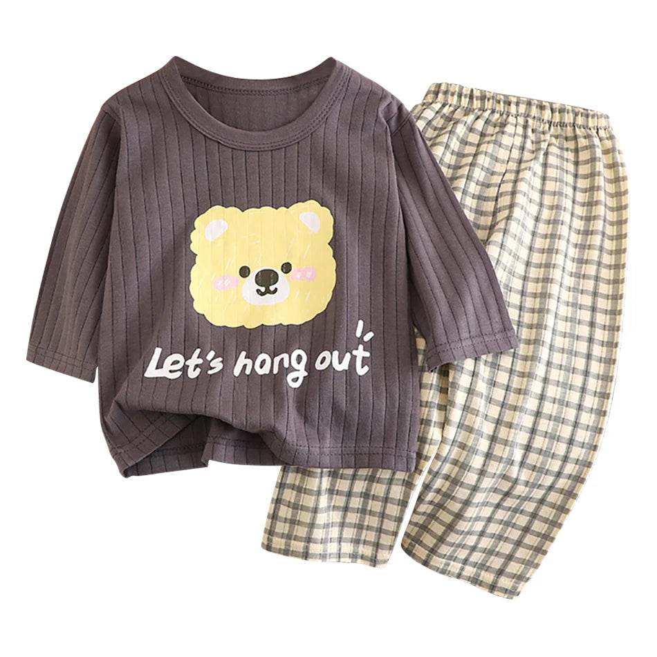 Soft Breathable Cotton Long Sleeve And Pants Pajama Set For Boys And Girls Cartoon Bear Unisex Summer Sleepwear - ToylandEU