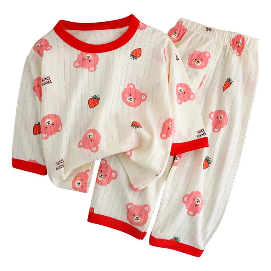 Soft Breathable Cotton Long Sleeve And Pants Pajama Set For Boys And Girls Cartoon Bear Unisex Summer Sleepwear - ToylandEU