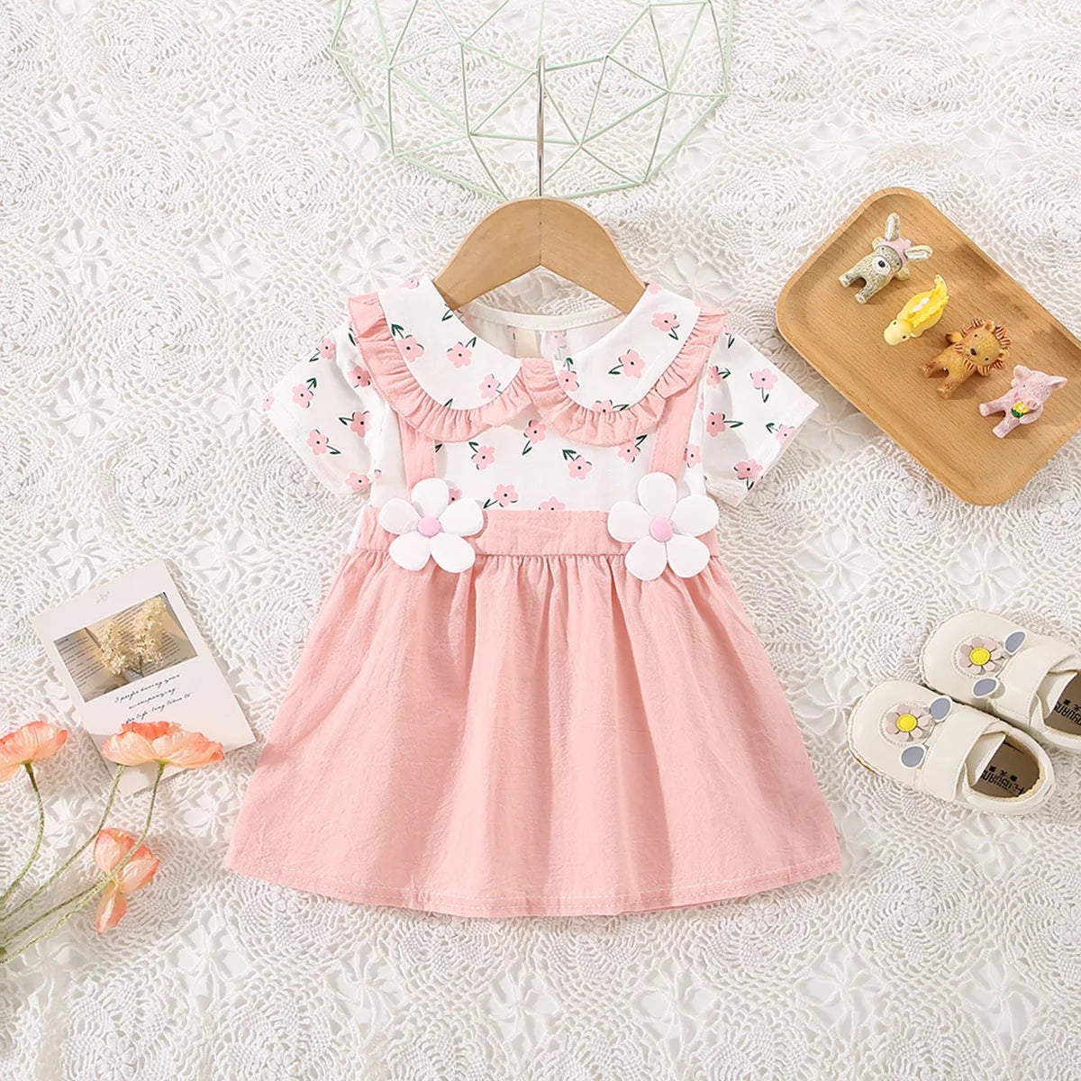 Soft Cotton Baby Girl Dresses Floral Doll Collar Short Sleeves For Baby Girls - ToylandEU