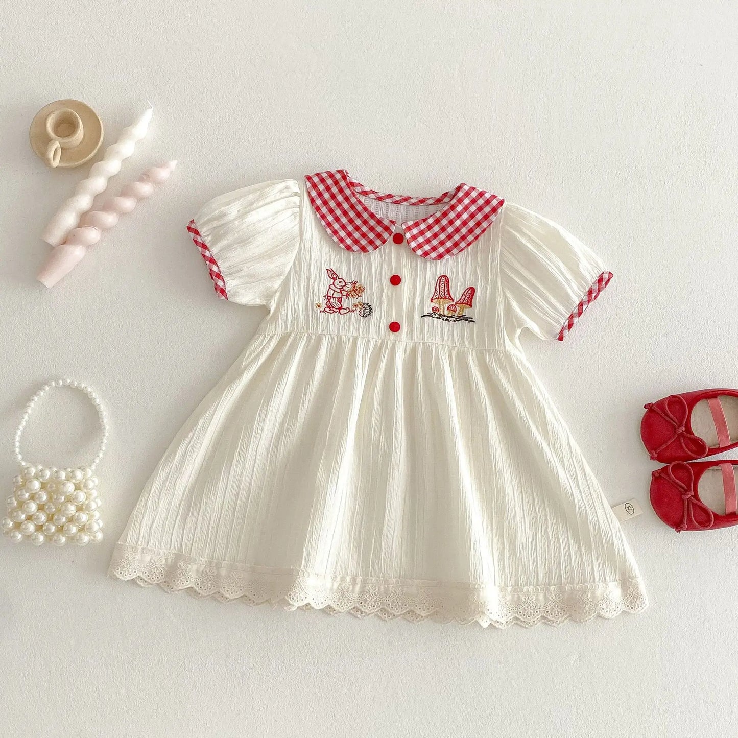 Soft Cotton Blend Dress Checkered Pattern With Bunny Embroidery And Peter Pan Collar For Baby Girls - ToylandEU