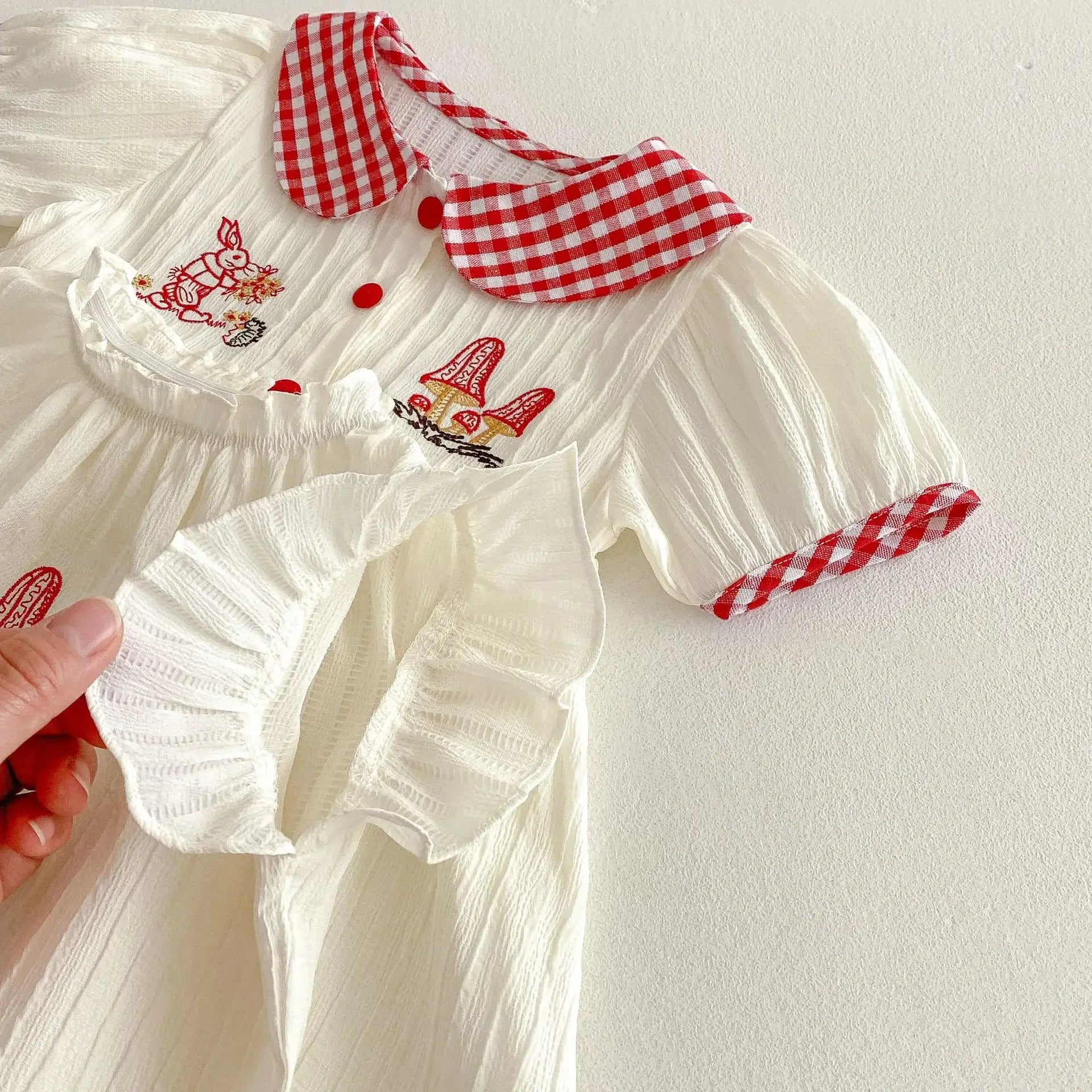 Soft Cotton Blend Dress Checkered Pattern With Bunny Embroidery And Peter Pan Collar For Baby Girls - ToylandEU