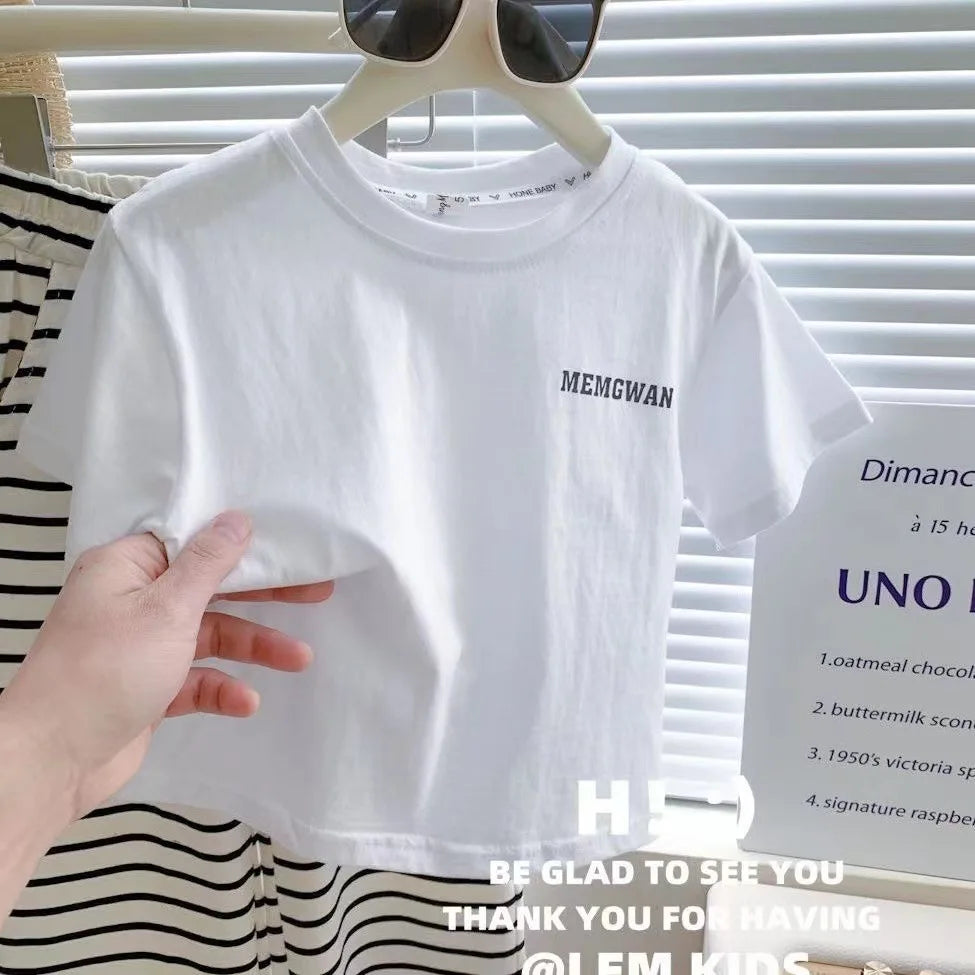 Soft Cotton Girls Clothing Set New Summer Short Sleeve Tee And Stripe Pants Two Piece For Girls Ages Four To Six - ToylandEU