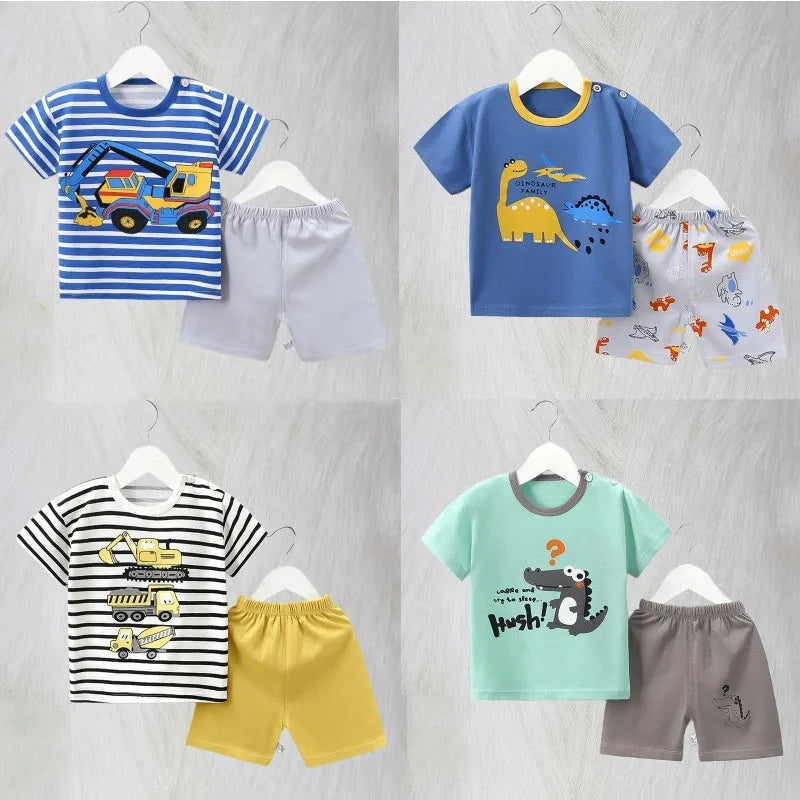 Soft Cotton Kids Pajama Set Cartoon Stripe Tee And Shorts Two Piece Unisex 0 To 6 Years - ToylandEU