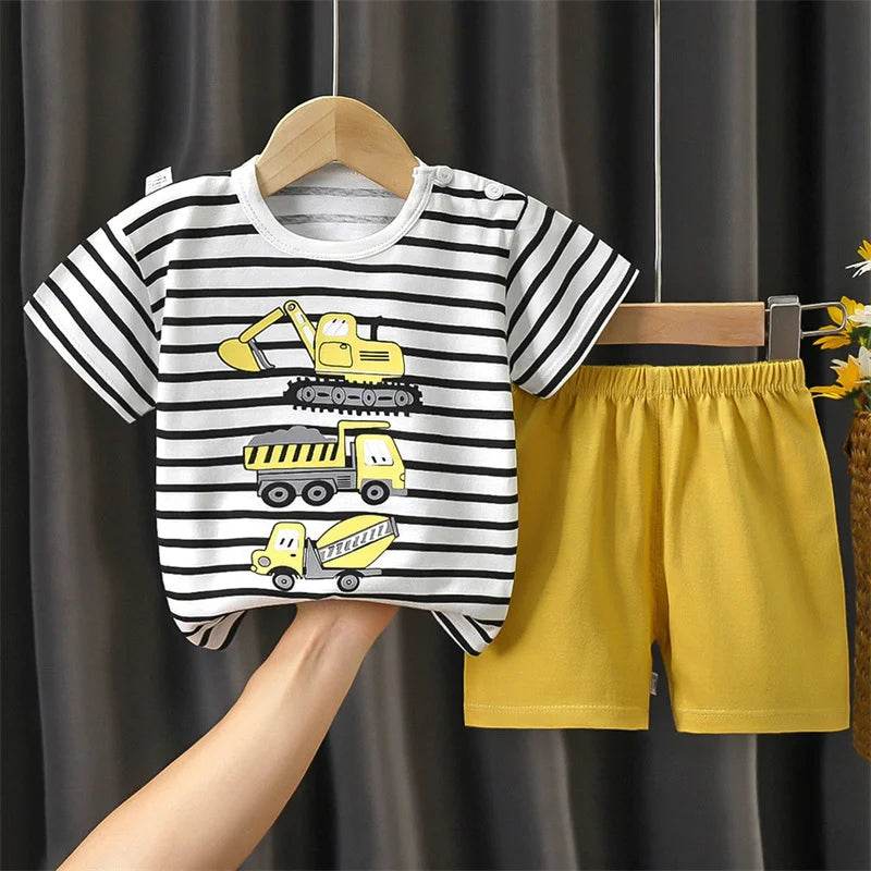 Soft Cotton Kids Pajama Set Cartoon Stripe Tee And Shorts Two Piece Unisex 0 To 6 Years - ToylandEU