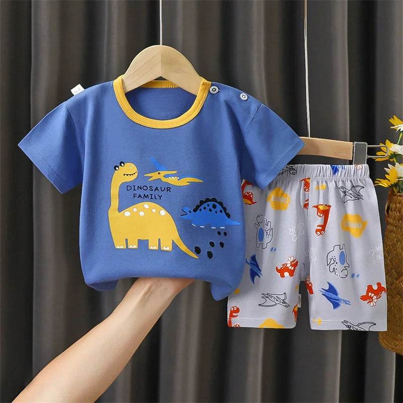 Soft Cotton Kids Pajama Set Cartoon Stripe Tee And Shorts Two Piece Unisex 0 To 6 Years - ToylandEU