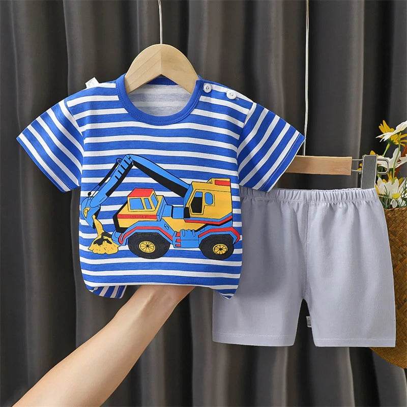 Soft Cotton Kids Pajama Set Cartoon Stripe Tee And Shorts Two Piece Unisex 0 To 6 Years - ToylandEU
