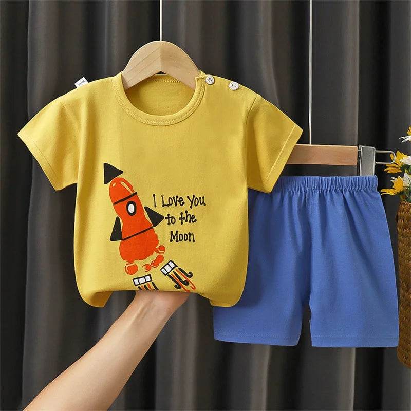 Soft Cotton Kids Pajama Set Cartoon Stripe Tee And Shorts Two Piece Unisex 0 To 6 Years - ToylandEU