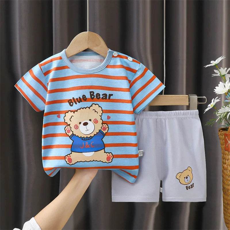 Soft Cotton Kids Pajama Set Cartoon Stripe Tee And Shorts Two Piece Unisex 0 To 6 Years - ToylandEU