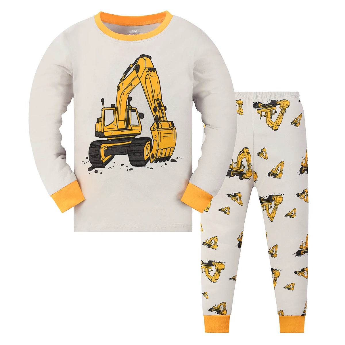 Soft Cotton Polyester Pajama Set With Long Sleeve And Long Pants Cartoon Excavator Print For Boys Ages 2 To 9 - ToylandEU