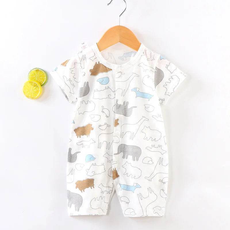 Soft Cotton Romper For Infants And Toddlers Unisex Short Sleeve Sleepwear With O Neck And Covered Button Closure - ToylandEU