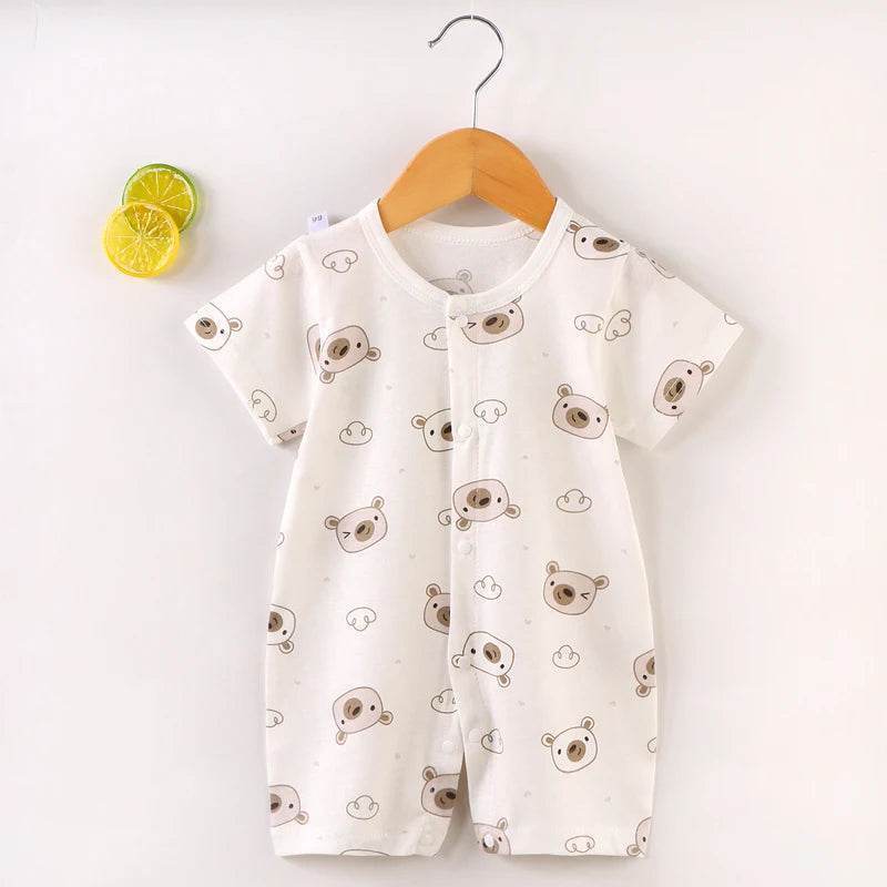 Soft Cotton Romper For Infants And Toddlers Unisex Short Sleeve Sleepwear With O Neck And Covered Button Closure - ToylandEU