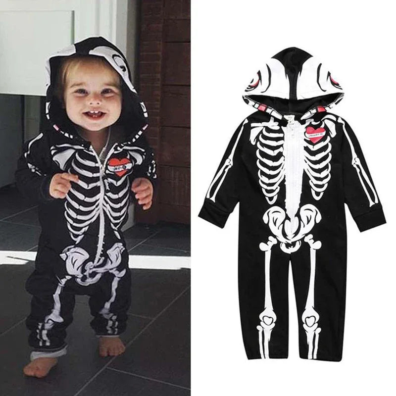 Soft Cotton Skull Print Hooded Romper For Baby Unisex Halloween Costume - ToylandEU