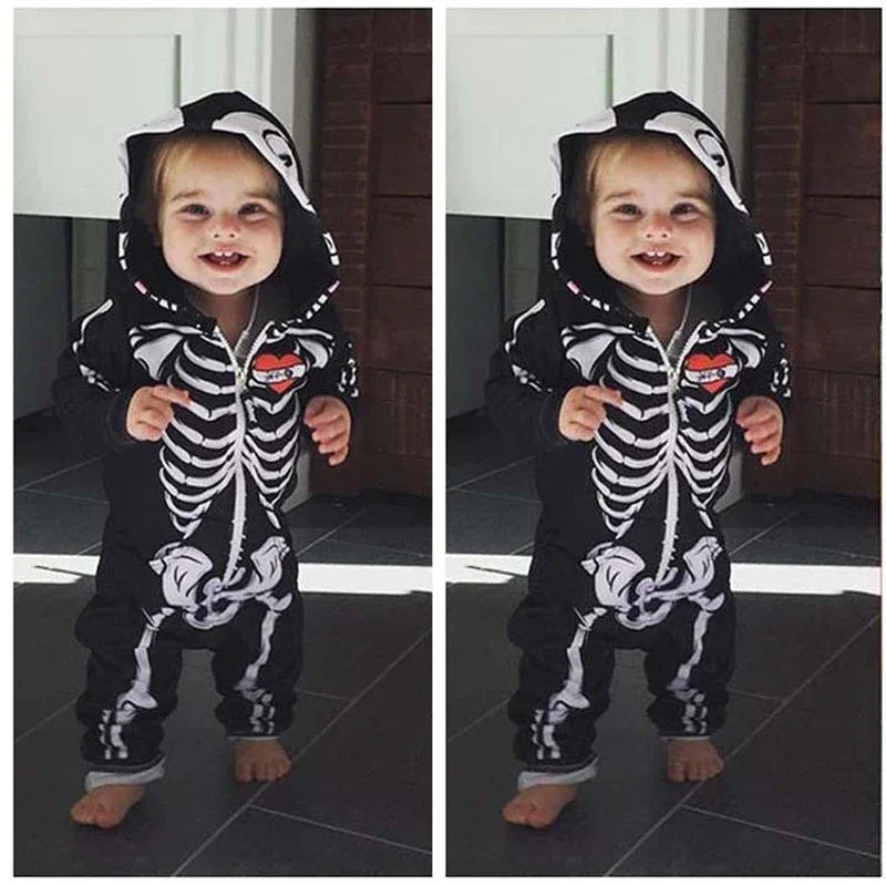 Soft Cotton Skull Print Hooded Romper For Baby Unisex Halloween Costume - ToylandEU