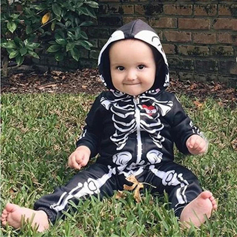 Soft Cotton Skull Print Hooded Romper For Baby Unisex Halloween Costume - ToylandEU