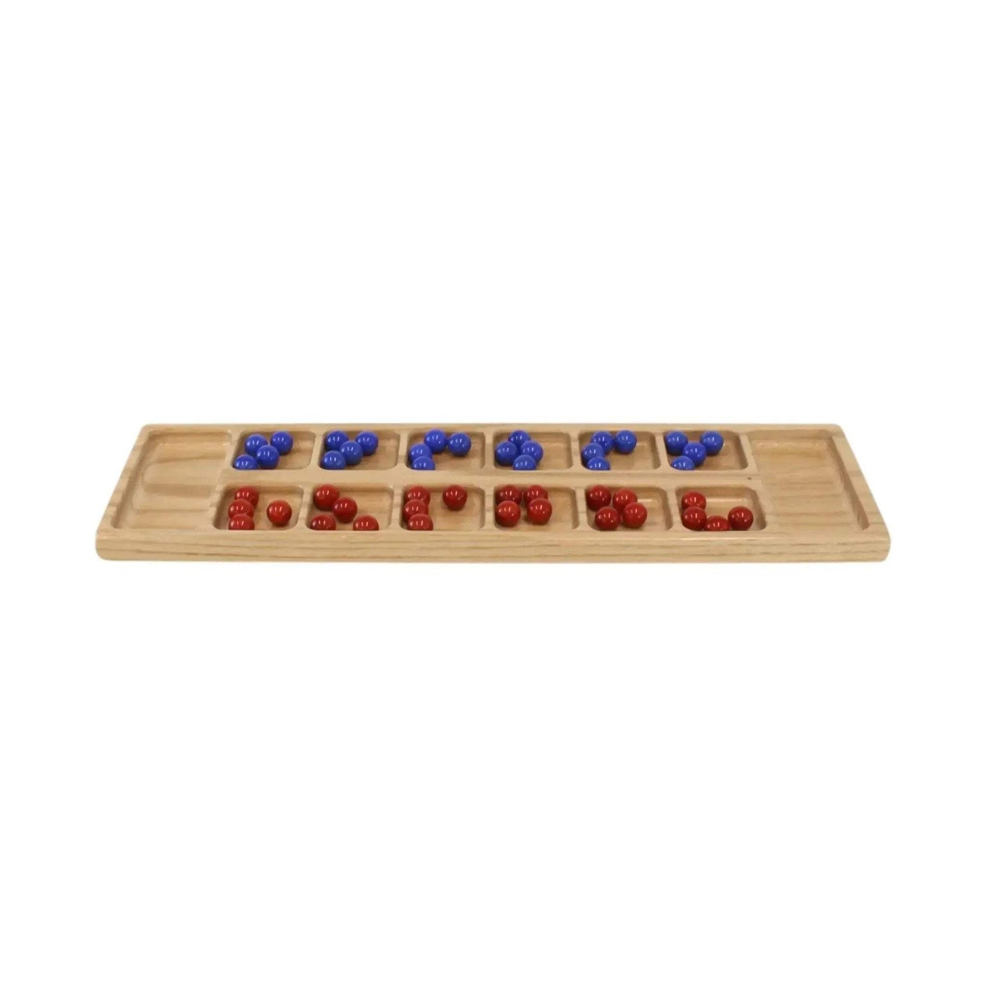 Solid Oak Wood Mancala Board Game Set With Marbles, Amish-Made - ToylandEU