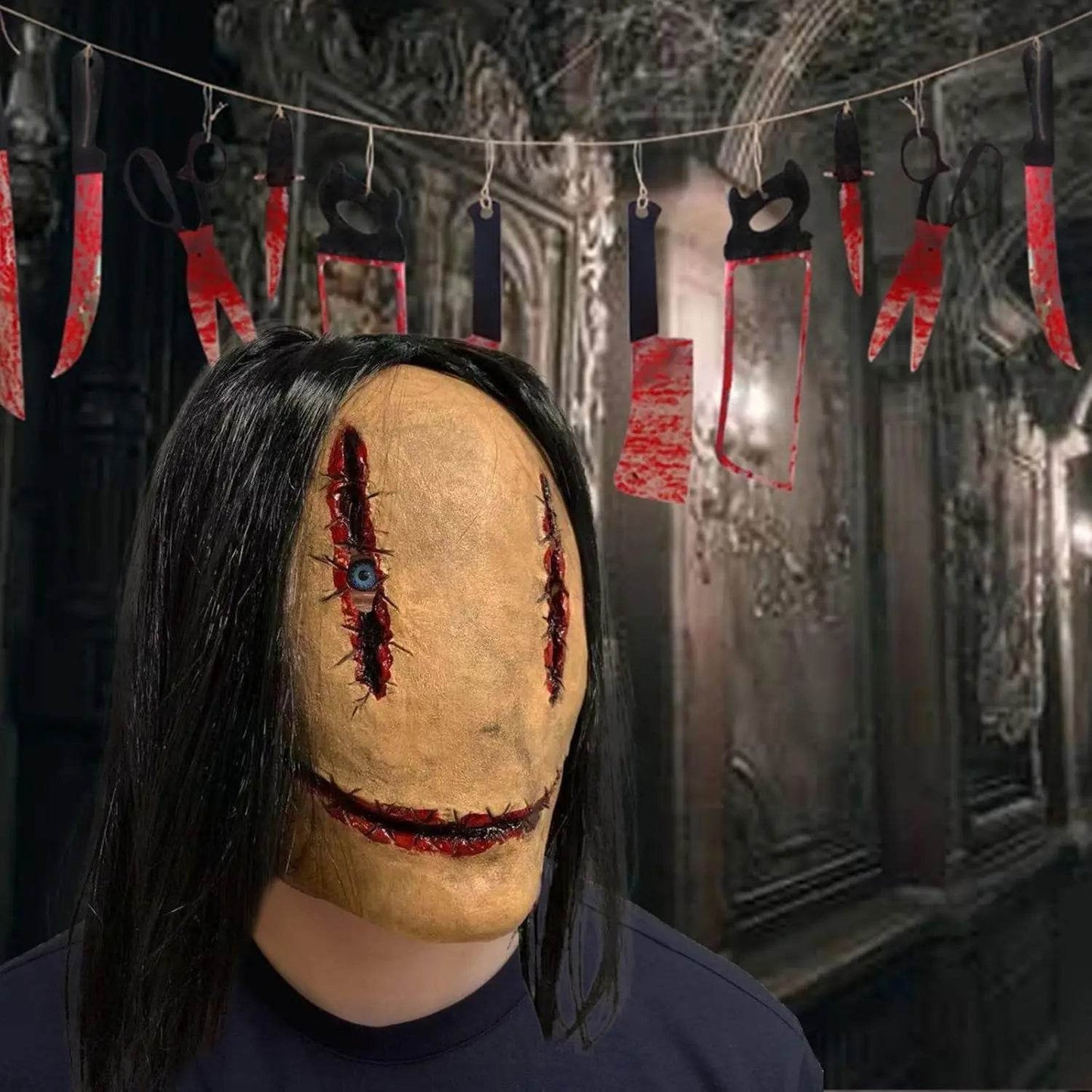 Spooky Halloween Mask Creepy Red Demon With Black Hair Adult - ToylandEU