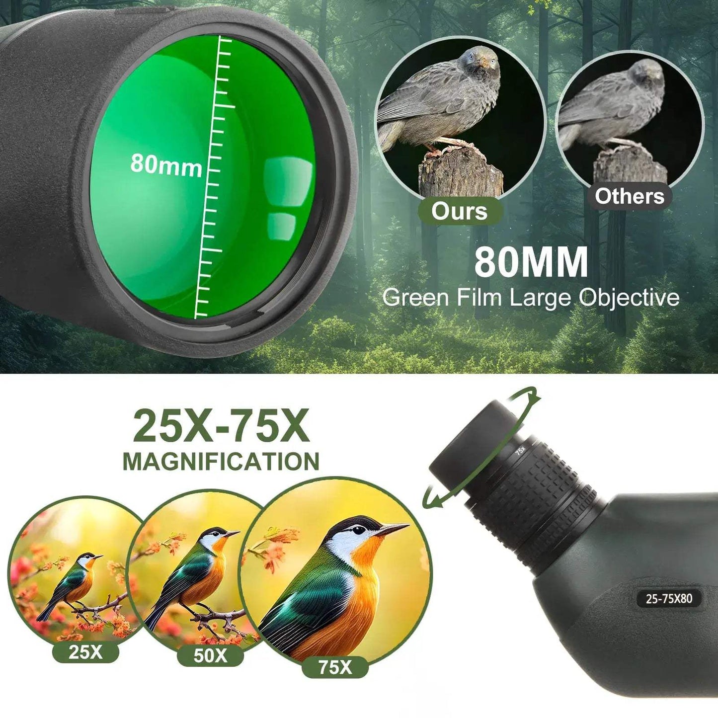 Spotting Scope 25-75x80 With Phone Adapter Tripod For Bird Watching - ToylandEU