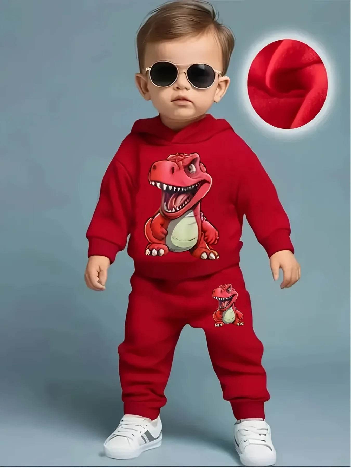 Spring Autumn Baby Boy Dinosaur Print Fleece Hoodie And Pants Two-Piece Casual Set Long Sleeve Thermal Outfit for Toddlers - ToylandEU
