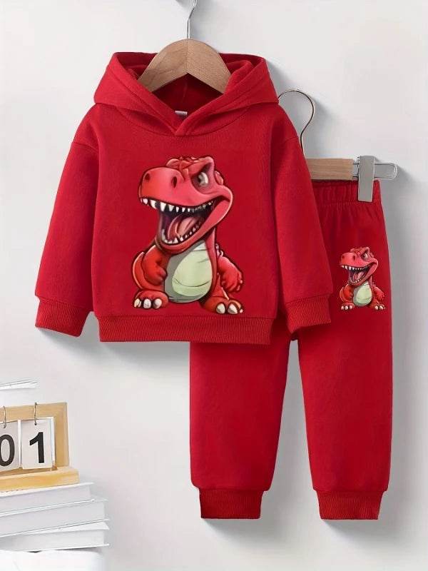 Spring Autumn Baby Boy Dinosaur Print Fleece Hoodie And Pants Two-Piece Casual Set Long Sleeve Thermal Outfit for Toddlers - ToylandEU