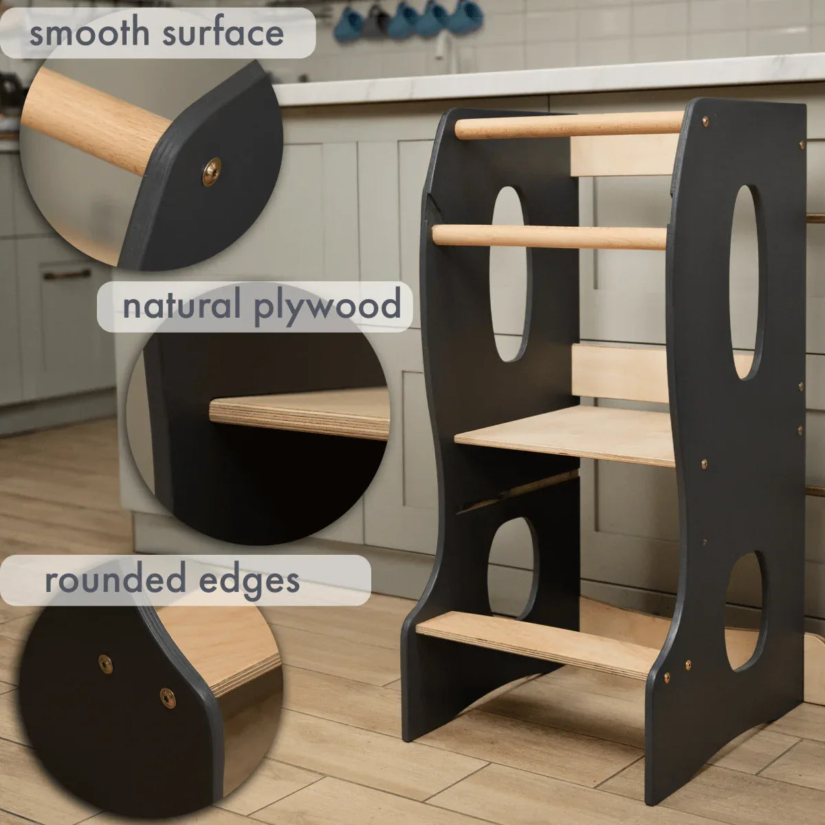 Stable Montessori Tower: Wooden Growing Chair - Grey - ToylandEU