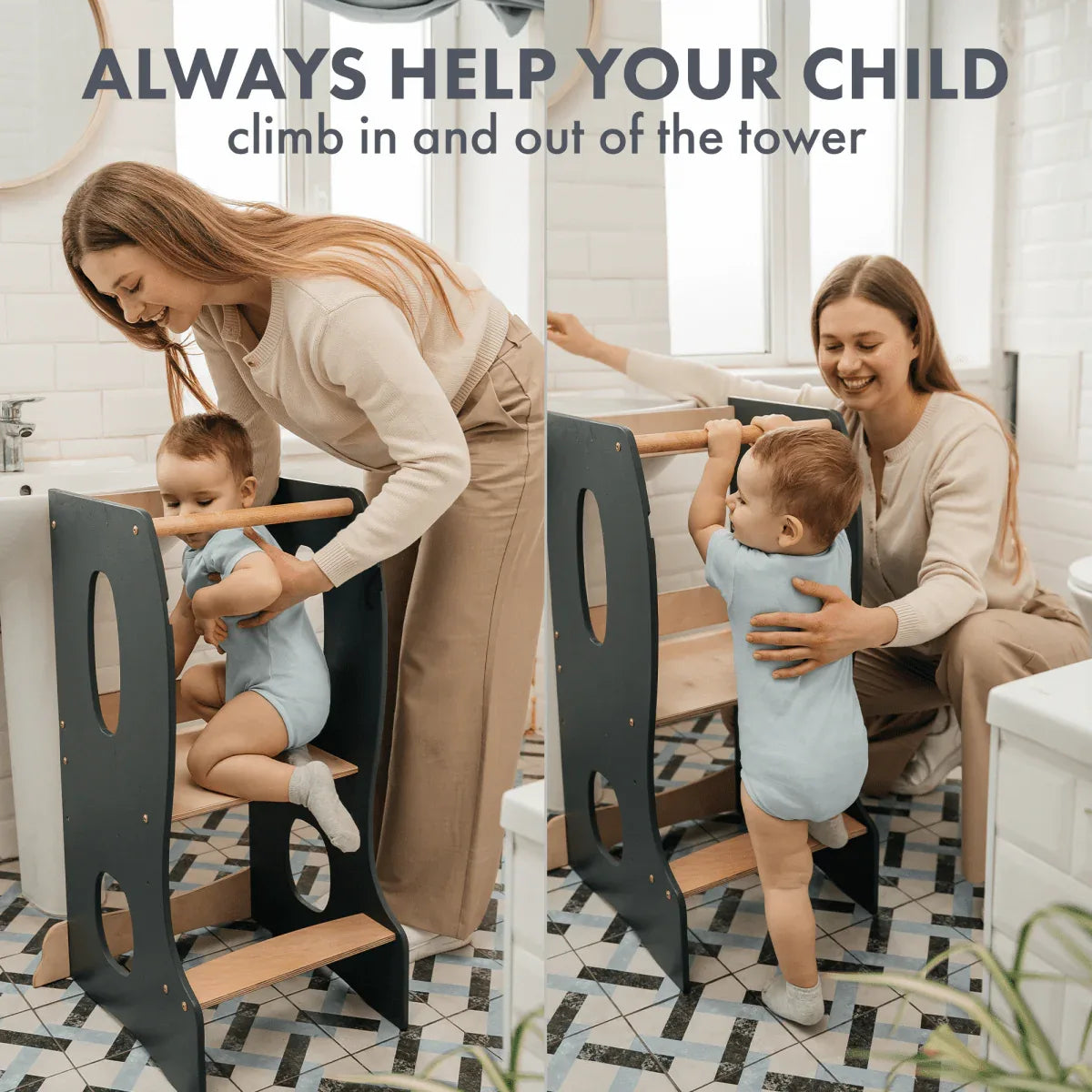 Stable Montessori Tower: Wooden Growing Chair - Grey - ToylandEU