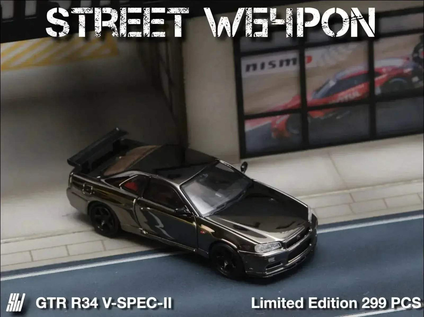 Street Weapon Skyline GTR R34 V-SPEC-II Chrome Plated Limited to 599 Pcs 1:64 - ToylandEU