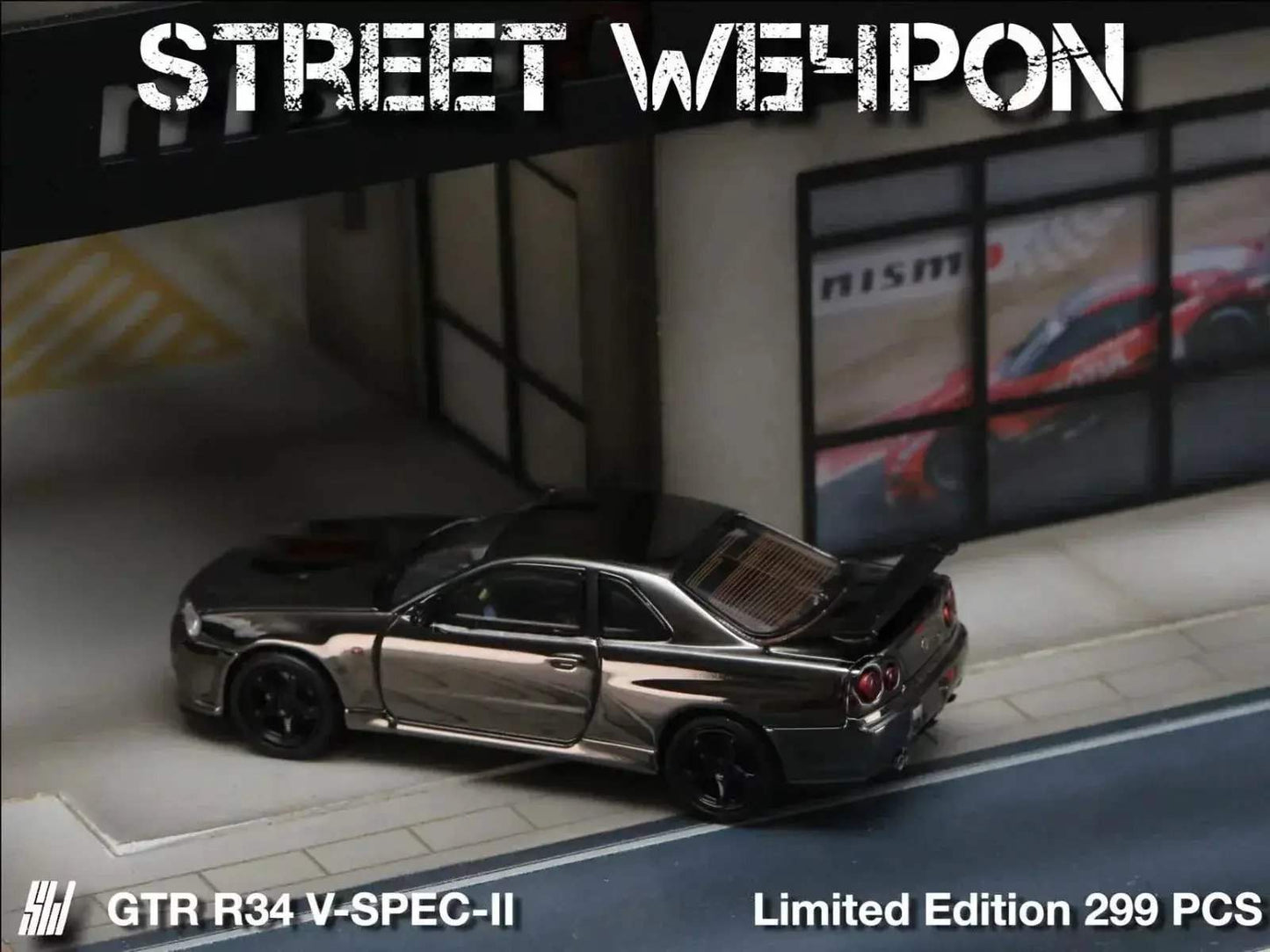 Street Weapon Skyline GTR R34 V-SPEC-II Chrome Plated Limited to 599 Pcs 1:64 - ToylandEU