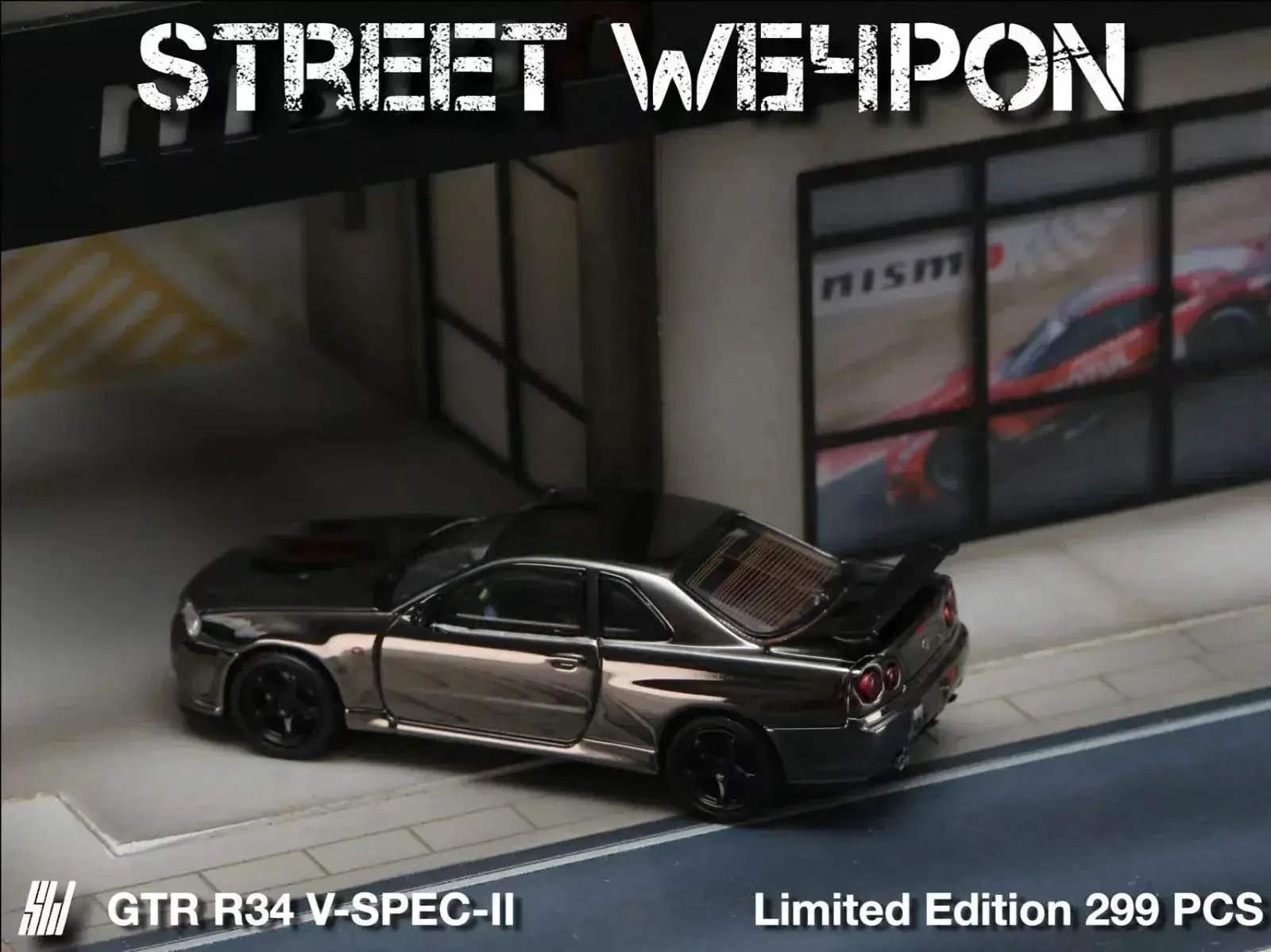 Street Weapon Skyline GTR R34 V-SPEC-II Chrome Plated Limited to 599 Pcs 1:64 - ToylandEU