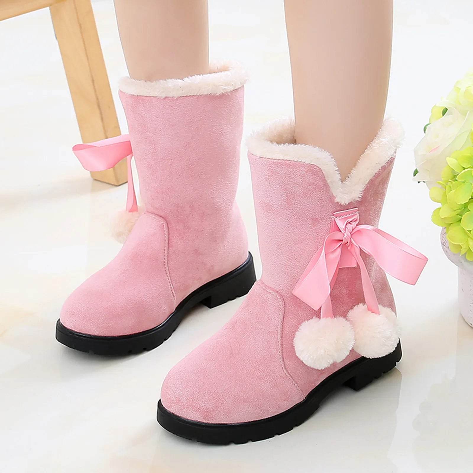 Stylish Plush Velvet Winter Boots for Girls - Warm Ankle Fashion Shoes in Pink, Red, and Black - ToylandEU