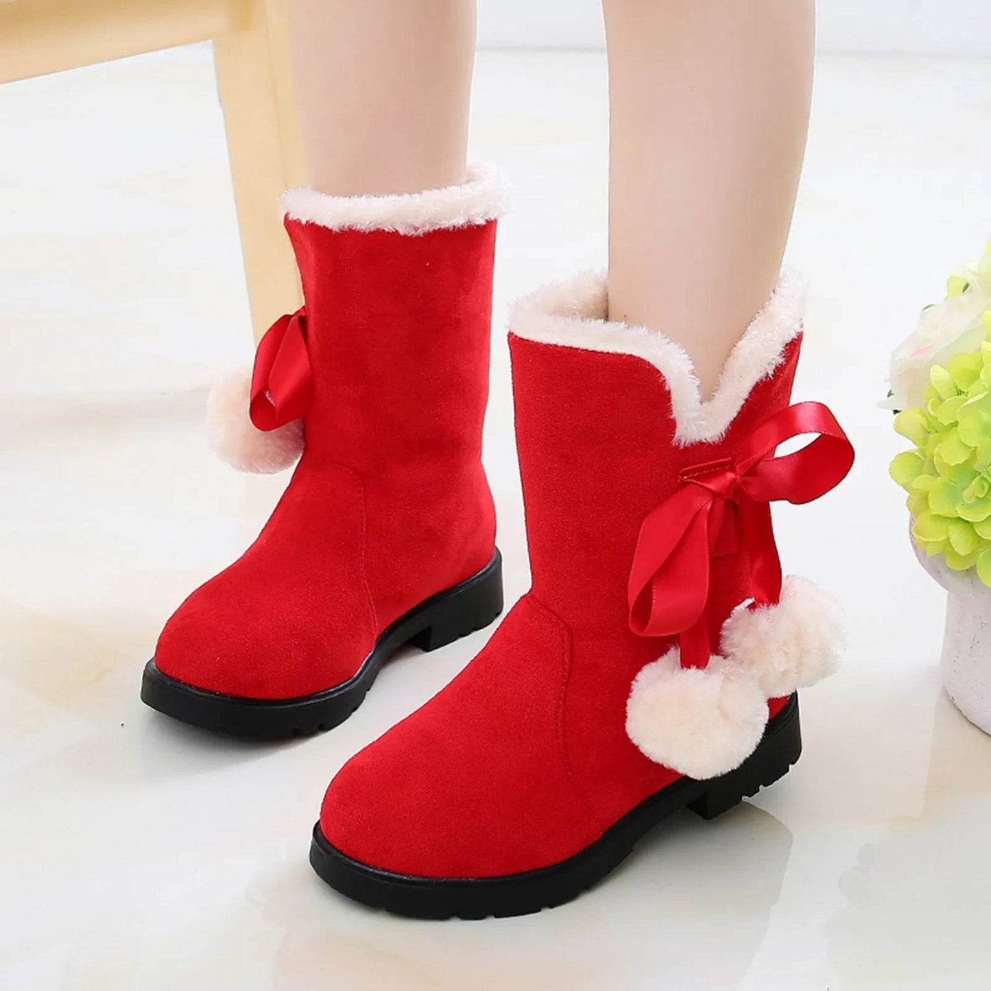 Stylish Plush Velvet Winter Boots for Girls - Warm Ankle Fashion Shoes in Pink, Red, and Black - ToylandEU