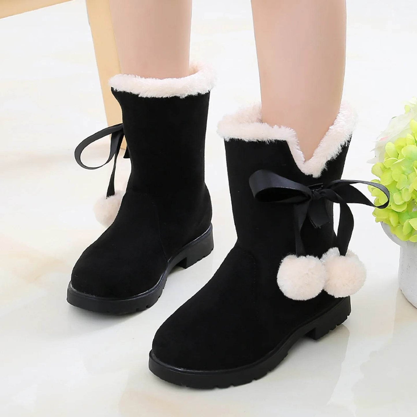 Stylish Plush Velvet Winter Boots for Girls - Warm Ankle Fashion Shoes in Pink, Red, and Black - ToylandEU