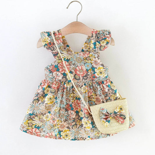 Summer Fresh Two Piece Floral Print Baby Dress Set Crossbody Bag Included For 0 To 3 Years - ToylandEU