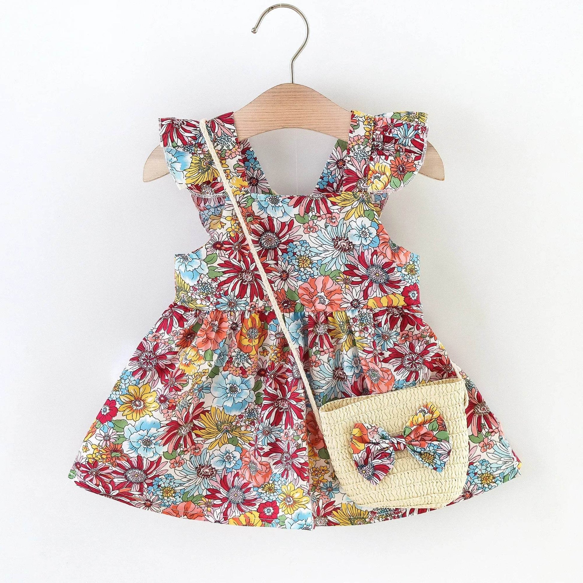 Summer Fresh Two Piece Floral Print Baby Dress Set Crossbody Bag Included For 0 To 3 Years - ToylandEU