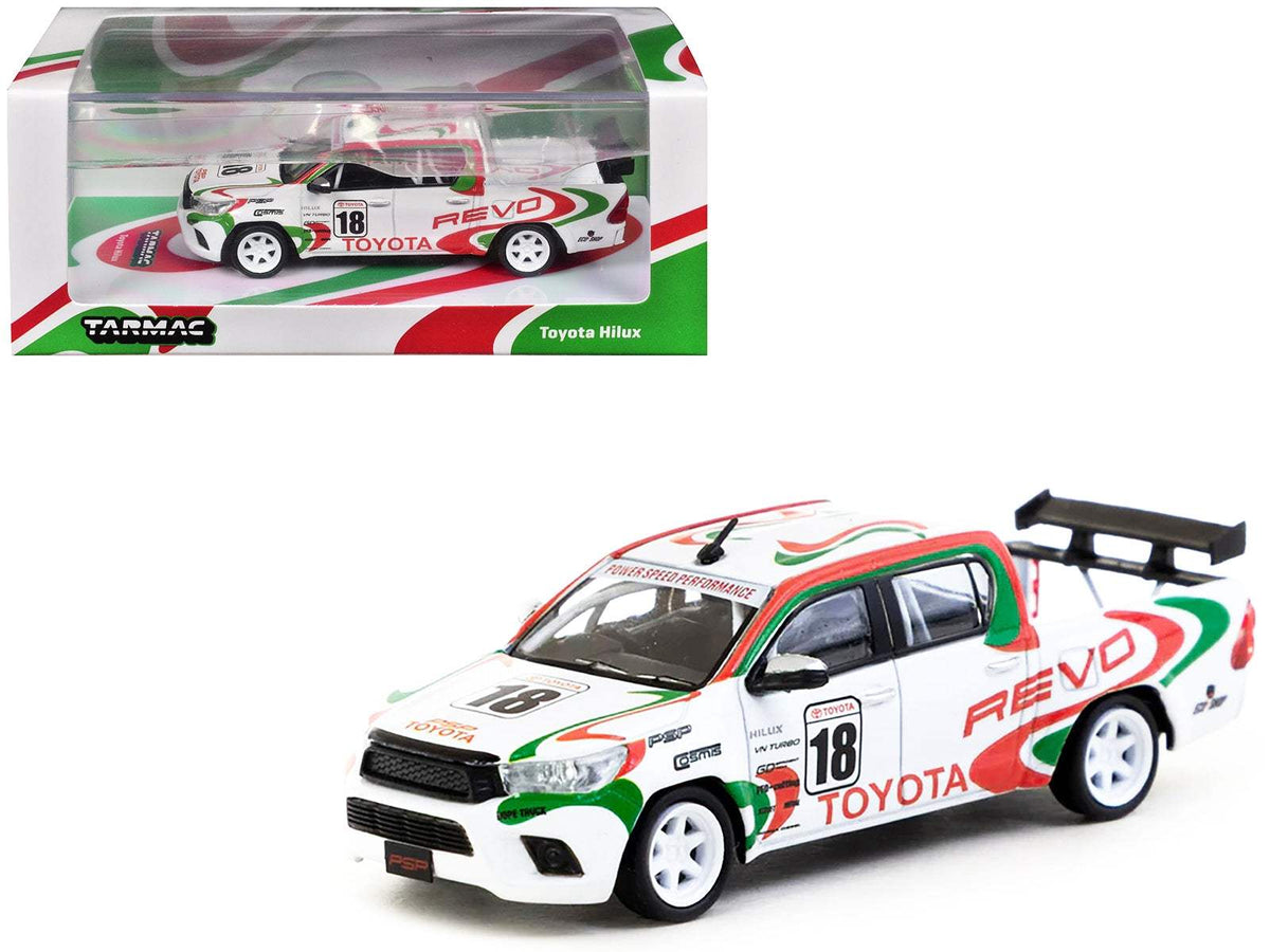 Toyota Hilux Pickup Truck RHD (Right Hand Drive) #18 White with Red and Green Graphics | 1/64 Diecast Model Truck | Tarmac Works | Hobby64 Series