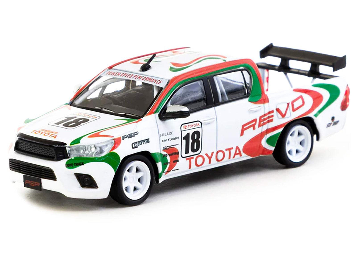 Toyota Hilux Pickup Truck RHD (Right Hand Drive) #18 White with Red and Green Graphics | 1/64 Diecast Model Truck | Tarmac Works | Hobby64 Series