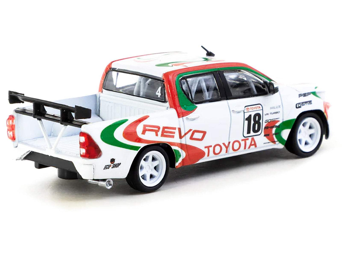 Toyota Hilux Pickup Truck RHD (Right Hand Drive) #18 White with Red and Green Graphics | 1/64 Diecast Model Truck | Tarmac Works | Hobby64 Series