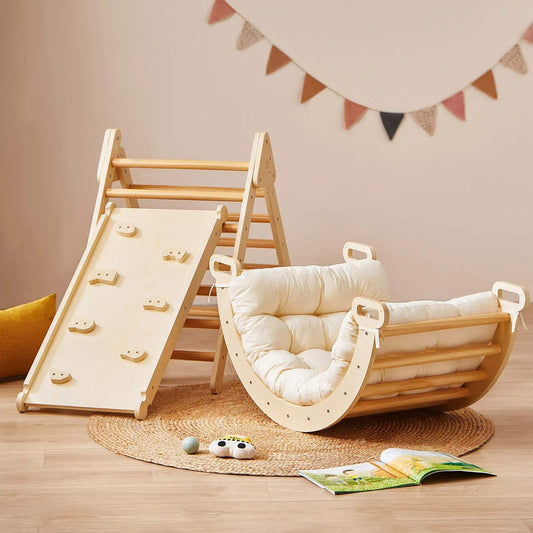 Montessori Climbing Set | 7 In 1 Wooden Pikler | Padded Play Mat For Toddlers
