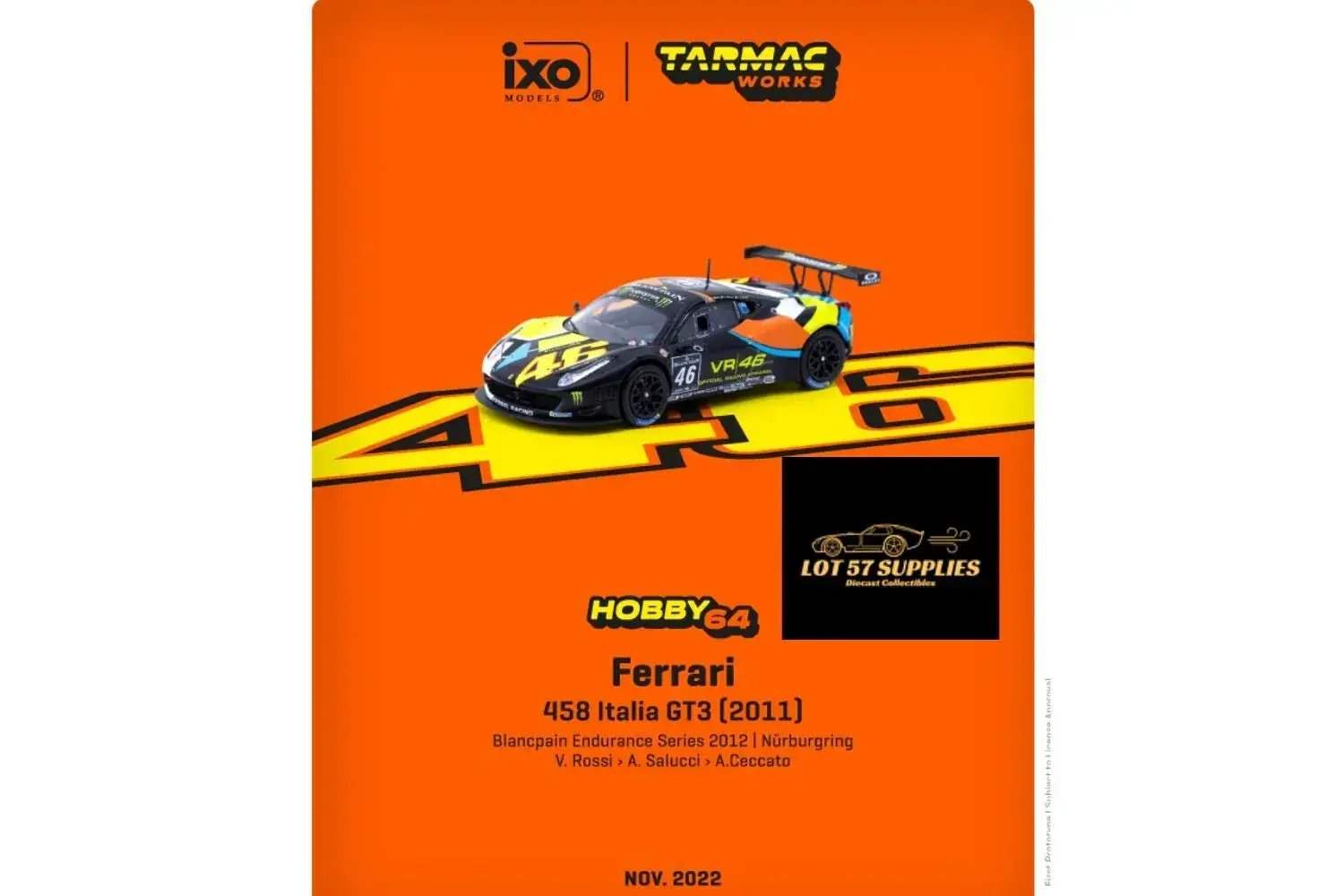 Tarmac Works Hobby64 Ferrari 458 Italia GT3 VR46 T64-073-12BGT646N 1:64 - ToylandEU