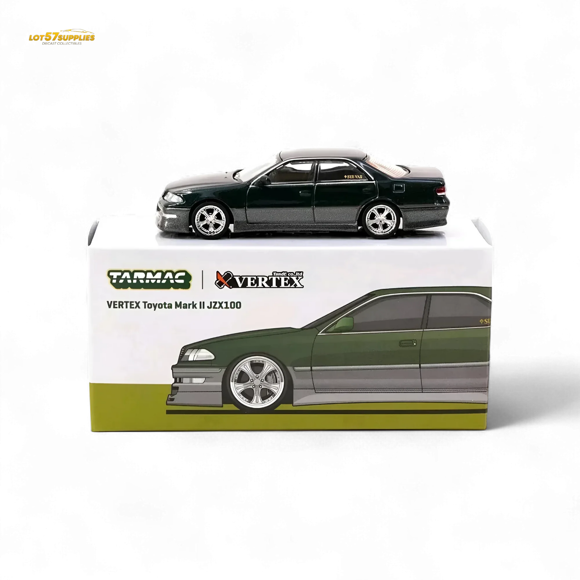 Tarmac Works Global64 VERTEX Toyota Mark II JZX100 Dark Green Metallic 1:64 T64G-024-GR - ToylandEU