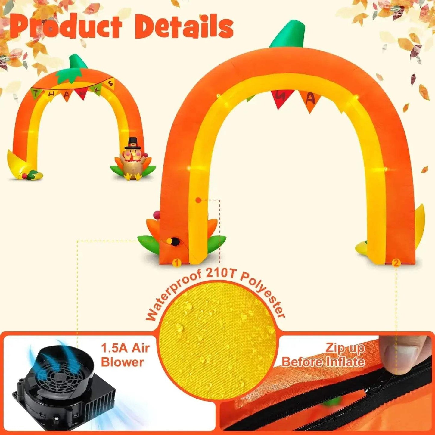 Ten Foot Giant Thanksgiving Pumpkin Arch Inflatable With LEDs - ToylandEU
