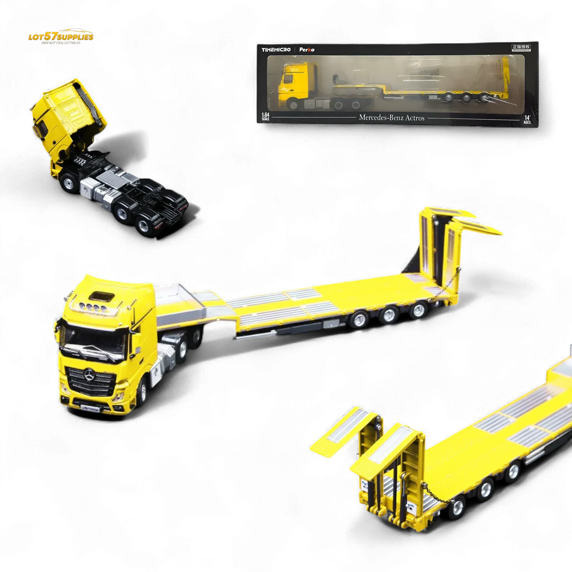 TimeMicro & Perka BENZ FLATBED TRANSPORT VEHICLE - Yellow 1/64 - ToylandEU