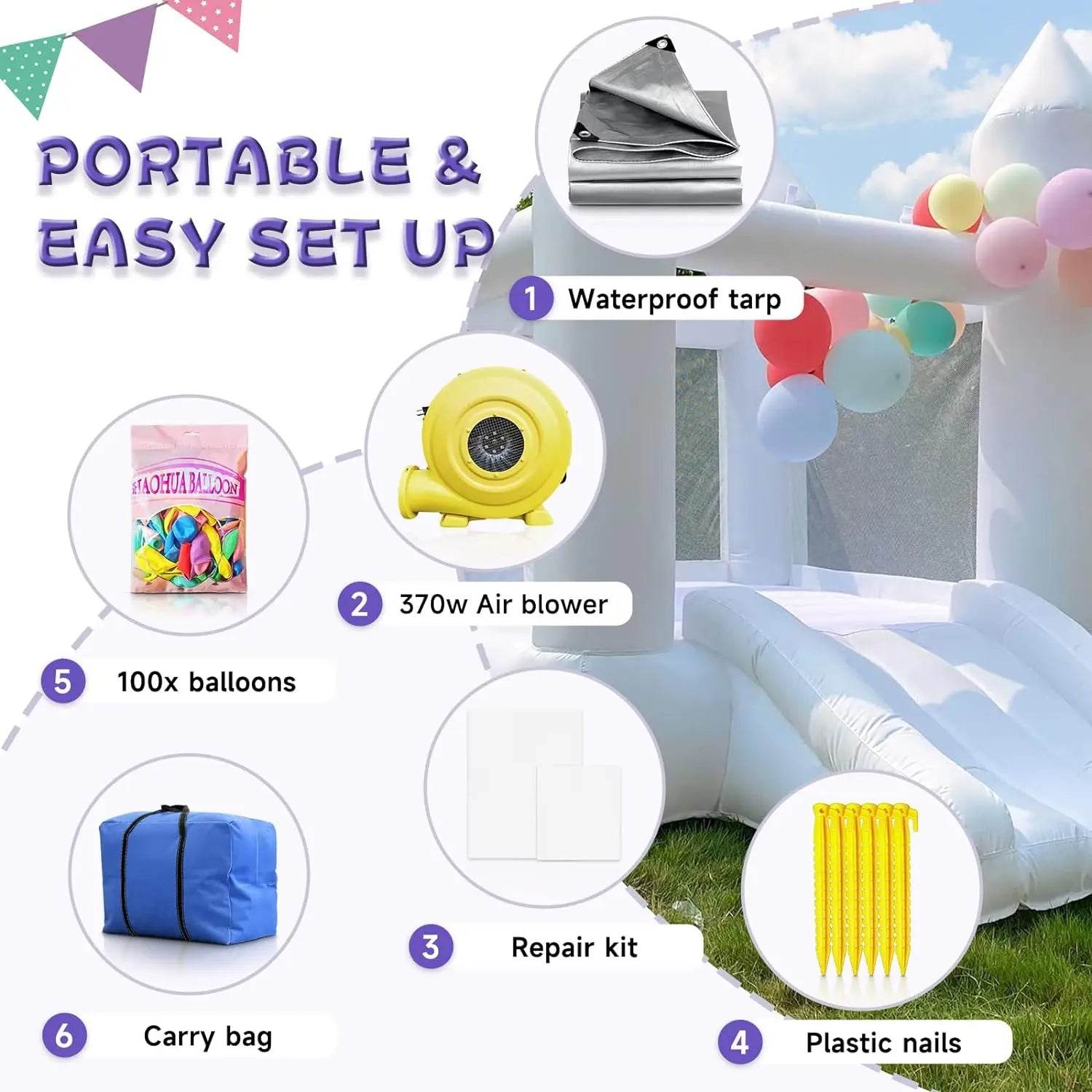 Toddlers Party 9x7x6ft Inflatable White Bounce House With Slide - ToylandEU