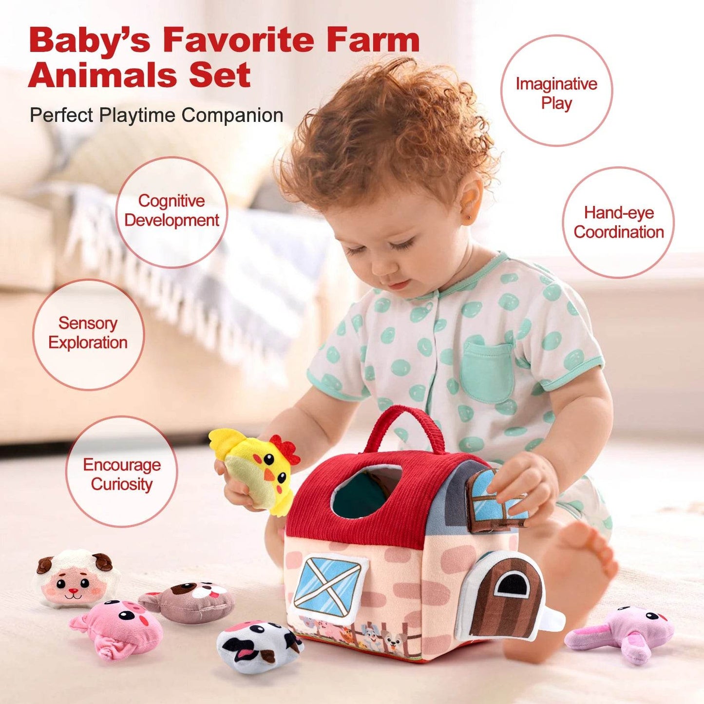 Premium Montessori Farm Barn Toy Set with 6 Soft Animal Rattles for Toddlers Developmental Play - ToylandEU