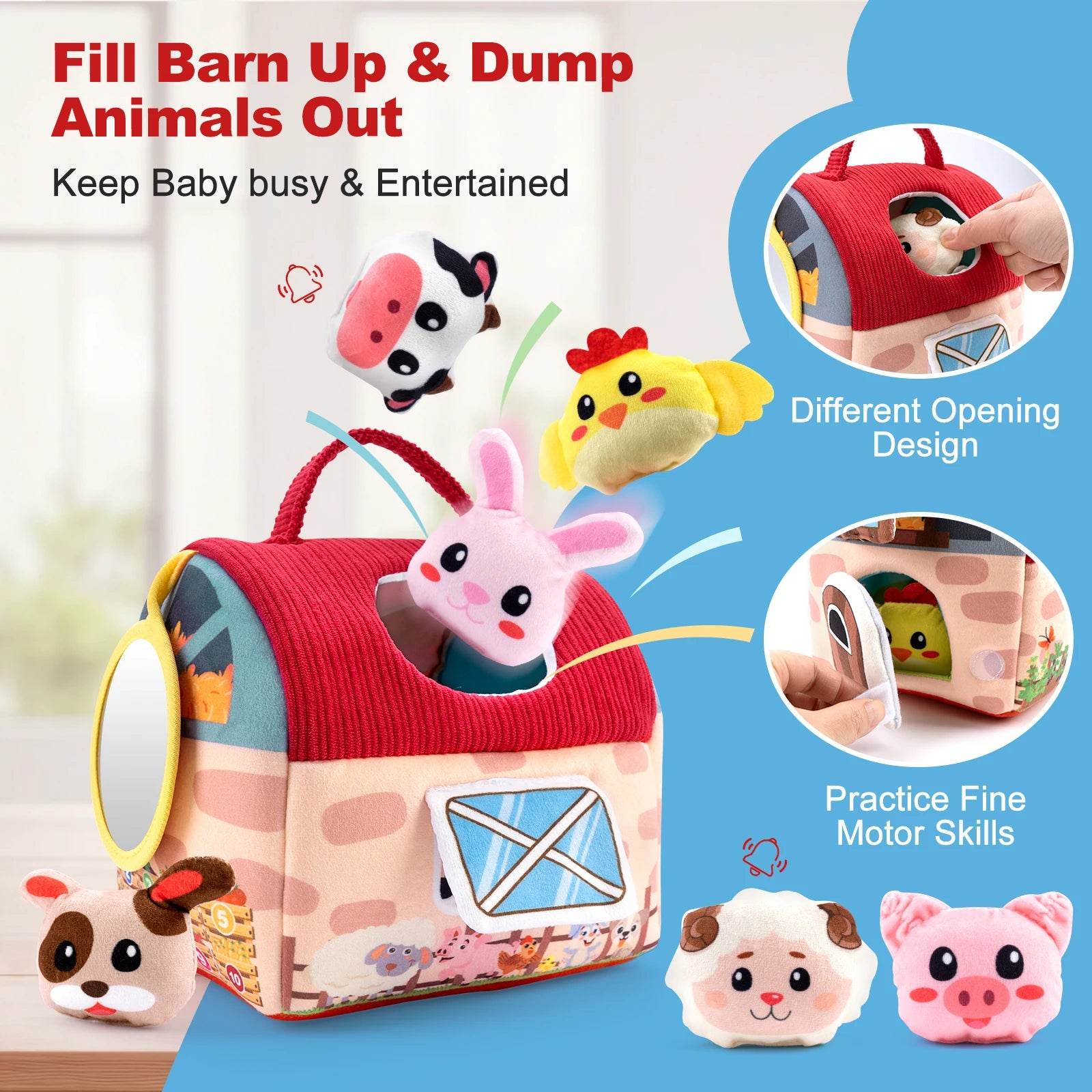 Premium Montessori Farm Barn Toy Set with 6 Soft Animal Rattles for Toddlers Developmental Play - ToylandEU