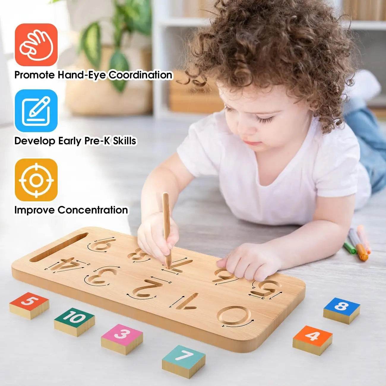 Interactive Wooden Montessori Finger Tracing Board for Toddlers with Double-Sided Number Blocks for Educational Math Learning - ToylandEU